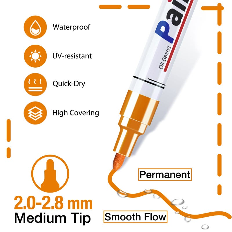 DAPAWIN Orange Paint Pen Permanent Paint Markers - 8 Oil Based Paint Pens, Medium Tip, Quick Drying and Waterproof Marker Pens for Metal, Rock Painting, Wood, Fabric, Plastic, Canvas, Mug, Orange Marker - Image 2